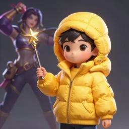 a tiny punk kid wearing a puffy yellow jacket and a wizard wand, smooth, intricate, elegant, digital painting, artstation, concept art, sharp focus, octane render, illustration, art by ayami kojima, valorant character,