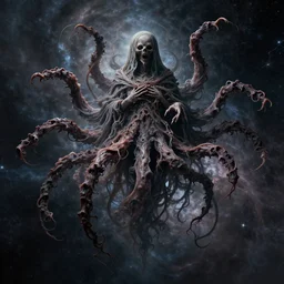 a mass of amorphous tentacles hovering in the abyss of space, photorealistic, detailed photography, divinity, awful, cosmic horror, religious art