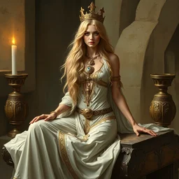 liz hurley as high priestess, blonde hair, sitting, artstation