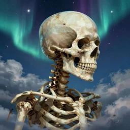 a detailed profile illustration of skelleton, aurora lighting clouds and stars by beksinski carl spitzweg and tuomas korpi. intricate artwork by moebius. Trending on artstation. 8k