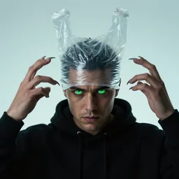 plastic bag on head, claws on hands, black hoodie, glowing green eyes, gerald brom