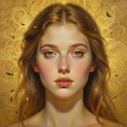epic painting of beautiful goddess face portrait with brown hair, golden glowing high quality luxurious background, close up portrait, photography by amy leibowitz, wlop, jeremy lipkin, beeple, intricate golden fractals, tea leaves flying in the sky, symmetrical front portrait, artgerm