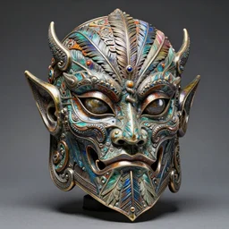 fantasy art ultra 4 k photo of a bizzare colorful metal armor warrior mask made of ceramic iridescent feathered intricately spectacular magnificently carved by a master engraver by h. r. giger