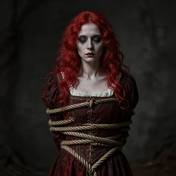 dark schizophrenia portrait, death not dresses body red head woman in medieval dress, strangled with rope, blur effect face, victorian style, high detail