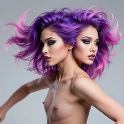 a award winning action upper body portrait of a beautiful woman with a ombre purple pink hairstyle with head in motion and hair flying, outrun, vaporware, vivid colors, highly detailed, fine detail, intricate