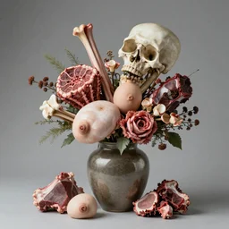 Professional arrangement of human flesh, bones, teeth, nipples, and rotten meat in a flower vase