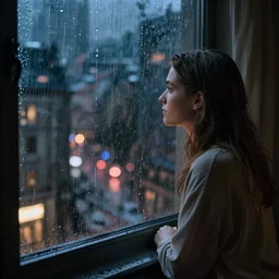 eve hewson looking out a window on a rainy night, nighttime!, raining!!, city light reflections