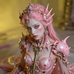 hyperrealist highly intricate post-punk rococo portrait pink pearlescent exoskeleton beautiful goddess concept art pascal blanche key sage dramatic yellow lighting 8k high angle shallow depth of field