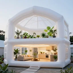 inside inflatable organic home. the inflatable fabric translucent white, black stitching. very tall double - height living room and kitchen. mesh fabric strong woven texture. geodesic cellular geometry. hydroponic garden. architectural photography. unreal engine, 4 k, 8 k. volumetric lighting