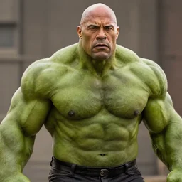 a still portrait dwayne johnson as a bald green skin incredible hulk, cinematic, shallow depth of field