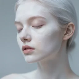photorealistic portrait of a beautiful young woman, translucent stone white skin, closed eyes, foggy, closeup