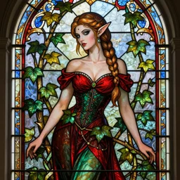 a stunning stained glass window of a beautiful poison ivy as an elf queen with hair tied in a braid and wearing a seductive red and green dress, dark eyeliner, intricate, elegant, highly detailed, digital painting, artstation, concept art, sharp focus, illustration, art by greg rutkowski and alphonse mucha