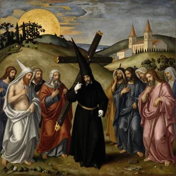 A Holy Week procession of souls in a Spanish landscape at night. A figure at the front holds a cross. El Greco.