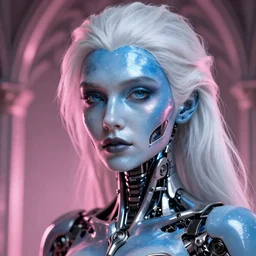 matte painting close-up high quality render of gothic cyborg woman with white hair and pearlescent blue skin key sage wayne barlowe very soft pink neon lighting on one side wide angle 35mm shallow depth of field 8k