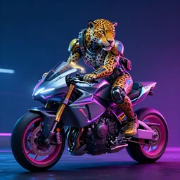 portrait of a neon cyberpunk cyborg jaguar animal riding a motorcycle, octane render