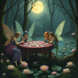 a group of gracious fairies! playing cards on a table in an atmospheric moonlit forest next to a beautiful pond filled with water lilies, artwork by ida rentoul outhwaite