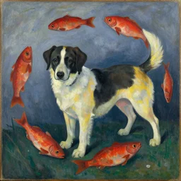 dog with red fishes, by cezanne, oil on canvas