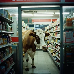 a cow inside a convenience store at night, kodachrome photograph
