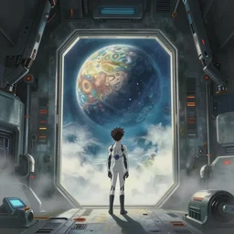 interior of futuristic craft, mechanical, sci-fi walls, light fog, guy in a cyber-suit looking out the door at a giant planet, anime style of Studio Trigger, by Makoto Shinkai, Studio Ghibli, Miyazaki, artstation