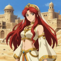 an ( ( ( ( anime ) ) ) ) still of an arabian princess with long red hair, dressed as arabian nights, confident looking, ancient city at desert, finely detailed features, perfect art, at an ancient city, gapmoe yandere grimdark, trending on pixiv fanbox, painted by greg rutkowski makoto shinkai takashi takeuchi studio ghibli, akihiko yoshida