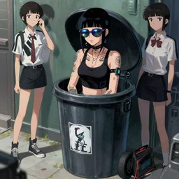 full view, from a distance, of anthropomorphic trashcan who is cyberpunk girl with tattoos wearing reflective sunglasses from the novel neuromancer by william gibson, style of yoshii chie and hikari shimoda and martine johanna, highly detailed