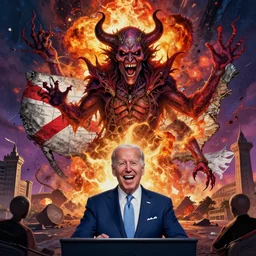 Joe Biden watches with laughter as the state of Florida is destroyed in an explosion, Evil, chaos, ornate, horror, detailed, colorful