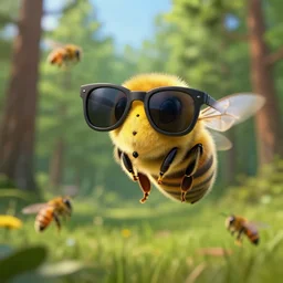 flying bees wearing sunglasses in forest landscape, photo realistic