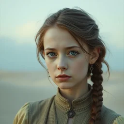 portrait of a beautiful girl, dunes backdrop, sad, pastel shades of light blue and light yellow, beautiful face, rule of thirds, intricate outfit, spotlight, by greg rutkowski, by rineke dijkstra, digital painting