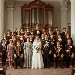A wide full shot, colored Russian and Japanese mix historical fantasy a photograph portrait taken at the royal wedding two choirs, an orchestra and chapel organ, photographic portrait, warm lighting, 1907 photo from the official wedding photographer for the royal wedding.