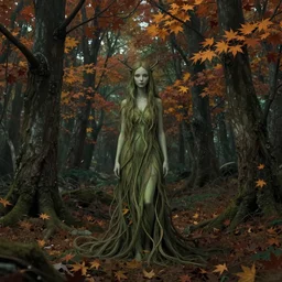 portrait of a dryad in a forest of autumn maples by brian froud and jessica rossier dark mysterious -