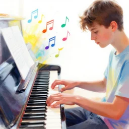 teenager playing piano music art colorful notes moving dinamic fuzzy cool brush strokes stains lines colors