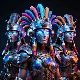 awardwinning photo of a 3 steampunk avatars, wearing a glowing blue and silver metallic aztec futurism helmet with multicolored tubes and shiny metallic devices, 3 d render, crisp, 8 k, fluorescent colors, insanely integrate, nikon photography