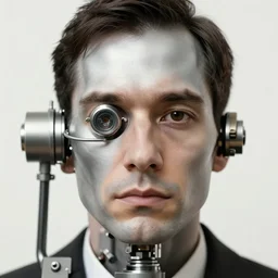 a close - up mechanical portrait of marcel duchamp in the style of hito steyerl and shinya tsukamoto and irving penn