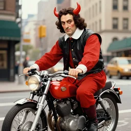 a colorful portrait photograph of galileo galilei riding a motorcycle in new york, 1 9 9 0 s, with diabolical cursed creepy dolls, poppy playtime style, with crazy laughs and crazy eyes, taken by martin parr, saturated colour photo kodachrome