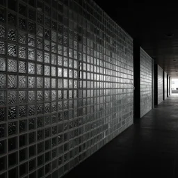 a long dark hallway with glass tiles along the walls,