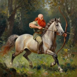bald man with a large red beard that's a centaur running through the forest holding a bow and arrow oil painting