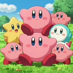 detailed digital painting by studio ghibli of kirby and friends