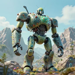 a huge robot made out of germs stands in front of a mountain. digital art