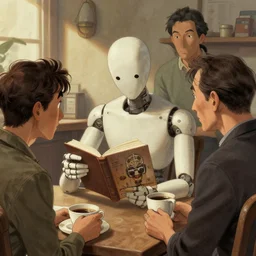 a humanoid book having coffee with 3 teachers, art by greg manchess, guangjian, detailed digital art, artstation hd