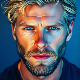 blue!!! portrait of blue chris hemsworth, vivid colors, photorealistic painting by mandy jurgens, trending on artstation, photorealism, detailed painting, behance hd, hyper realism