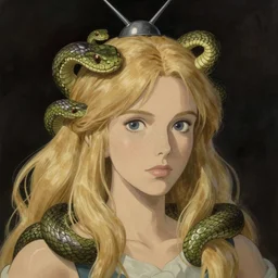 woman blond portrait tv on head, snakes in hair, art by studio ghibli and greg rutkowski and artgerm and ilya kuvshinov, portrait, d & d, fantasy, highly detailed, digital painting, headshot, trending on artstation, concept art, sharp focus, illustration art by artgerm and greg rutkowski and alphonse mucha