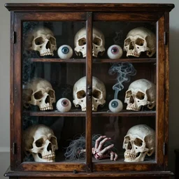 a cabinet of curiosities. skulls. eyeballs. fingers. teeth. hair. eerie smoke. dariusz zawadzki, greg rutkowski. neonwave