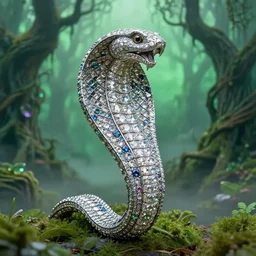 realistic cobra made of precious stones with the face of a smiling beautiful goddess. clear details. the background is twisted enchanting trees in a thick emerald fog.