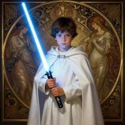 perfectly - centered - portrait of a kid wearing white cloak holding light saber, intricate, highly detailed, digital painting, artstation, concept art, smooth, sharp focus, illustration, unreal engine 5, 8 k, art by artgerm and greg rutkowski and alphonse mucha
