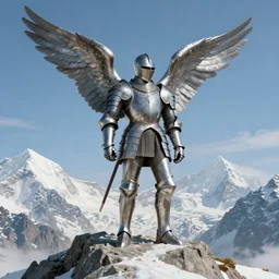 incredibly detailed, a winged knight in mithril armour standing on the peak of mont blanc by john everett millais