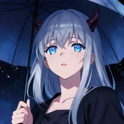a japanese girl with silver hair and blue eyes and demon horns holding an umbrella at night, shot from below, sparkling eyes, illustration by Yoji Shinkawa