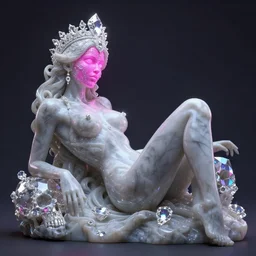 photo of fullbodied baroque and bladerunner delicate neon diamond sculpture of seductive onyx albino marble prince kai harvatz dotado pink iridescent skull psychedelic, reclining, glowing magenta face, crown of white diamonds, cinematic lighting, photorealistic, octane render 8 k depth of field 3 d