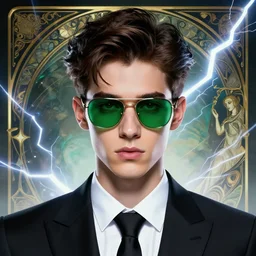 character concept portrait, symmetrical head-on centralized, Young man with green-tinted sunglasses, formal black suit. Detailed, high quality, dynamic lightning, fantasy. Artwork by Artgerm, WLOP, Alex Ross, Greg Rutknowski, Alphonse Mucha