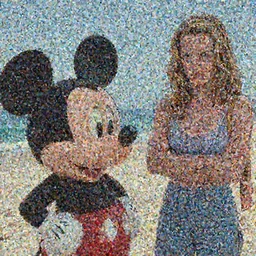Mickey Mouse staring at Kate Beckinsale on the beach, she is annoyed,