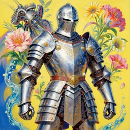colourful painting of dvemer centurion, intricate armour, mechanical liquid, flowers, by masanori warugai